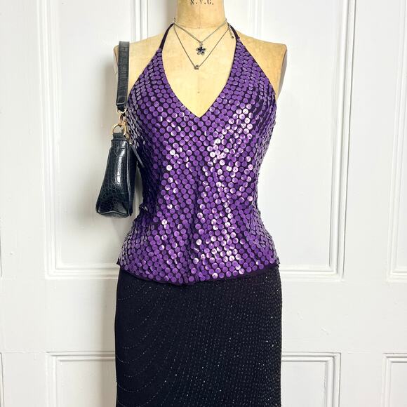 Espaço Fashion purple halter top with sequin circles going out top glam festive - Picture 3 of 7